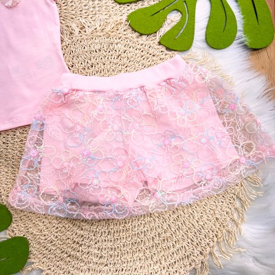 Conj. Blusa Florzinha e Short Saia em Tule Floral - Rosa